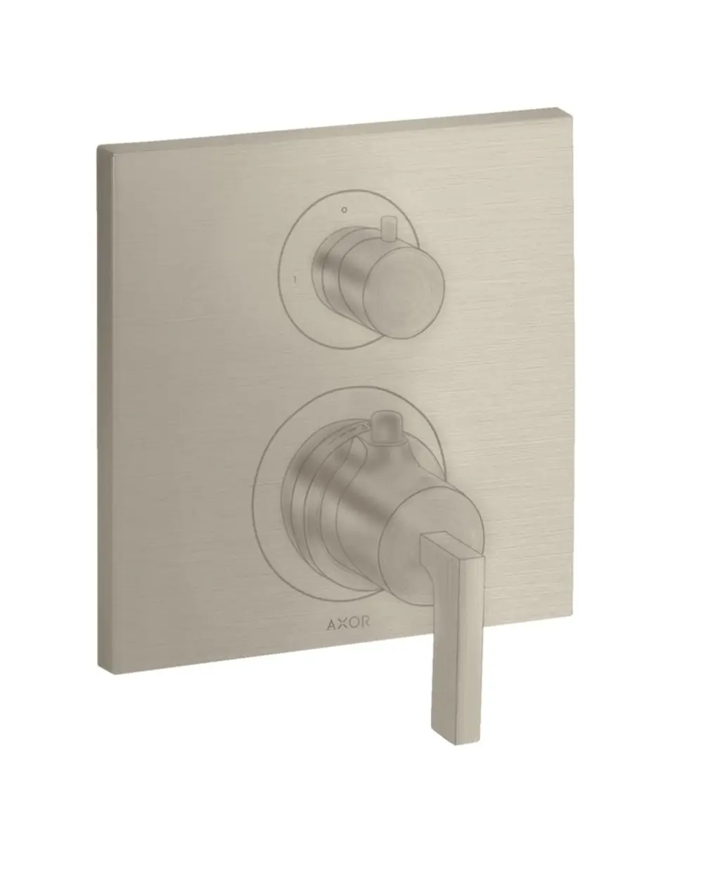 Thermostatsteuerung mit zwei Drehknöpfen und einem Hebelgriff in gebürstetem Nickel. Produkt von AXOR, für die Unterputzmontage geeignet.